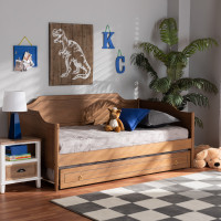 Baxton Studio MG0016-1-Walnut-Daybed with Trundle Alya Classic Traditional Farmhouse Walnut Brown Finished Wood Twin Size Daybed with Roll-Out Trundle Bed